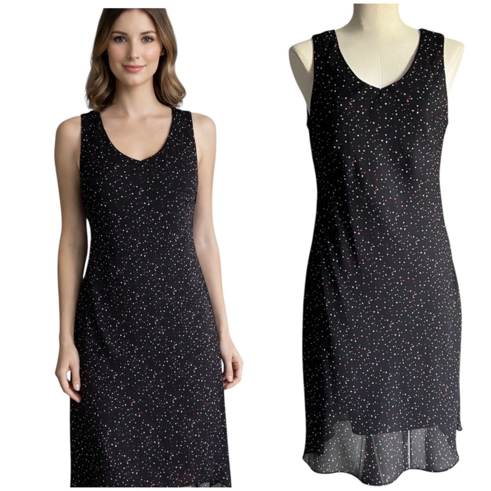 Vintage Midi Dress Sz 10P Modern 4-6 V Neck Polka Dot Black Y2K Summer Retro USA